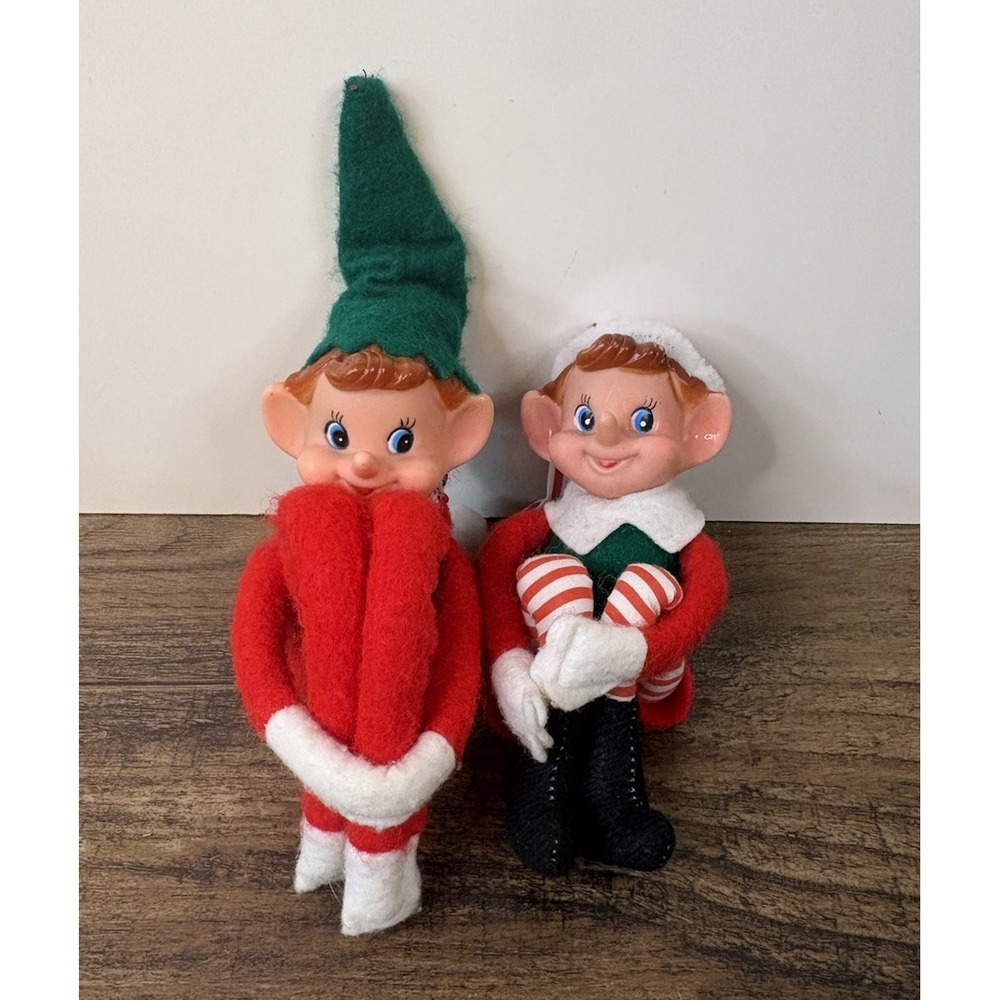 Vintage Christmas Knee Hugger Pixie Elf Lot Red Green Figure Doll